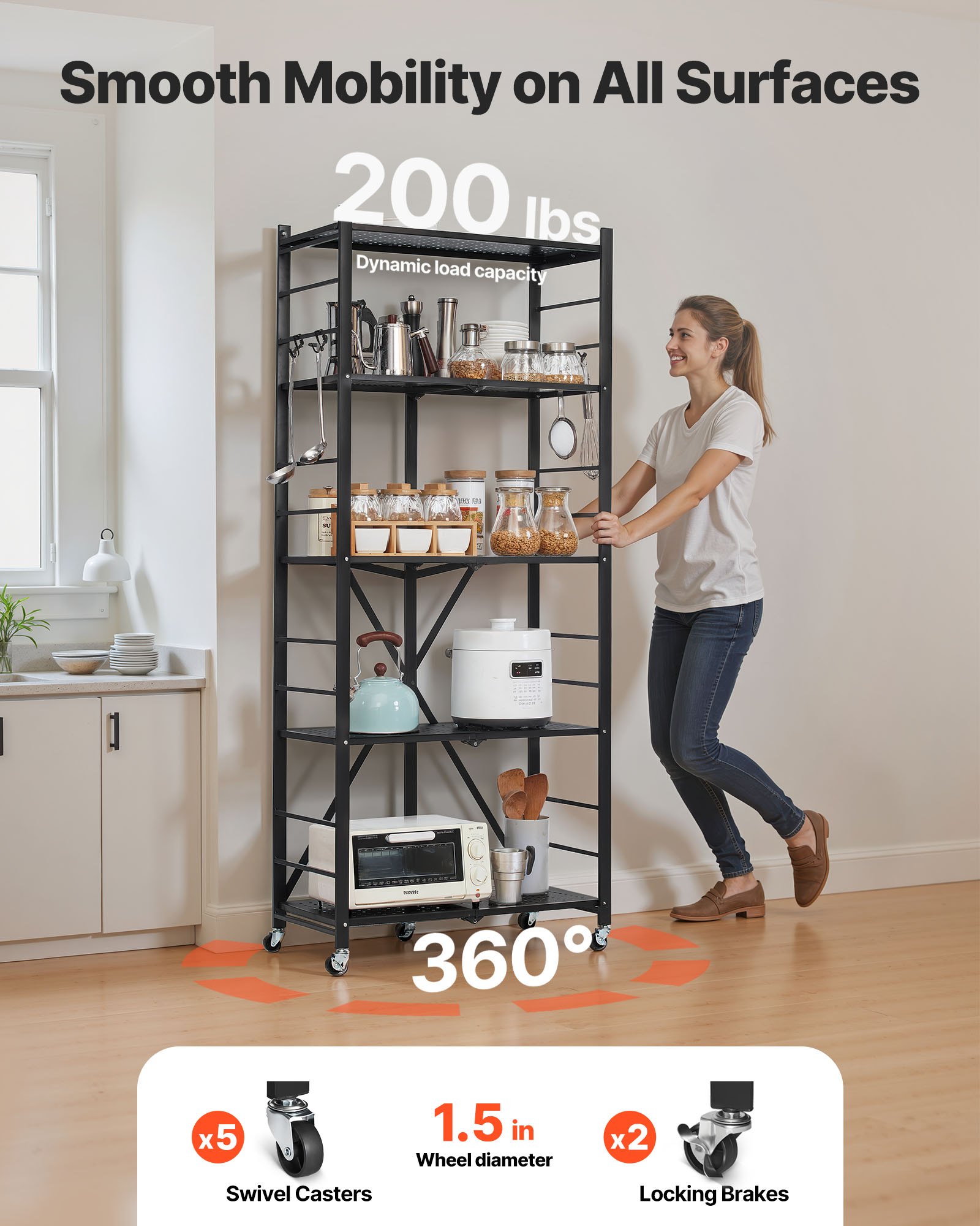 VEVOR 5-Tier Foldable Storage Shelf, 28W x 13D x 66H Inch Folding Metal Rack Shelving Unit, No Assembly Organizer Shelf with 5 Wheels & 4 Hooks for Pantry, Kitchen, Garage, Basement, Black