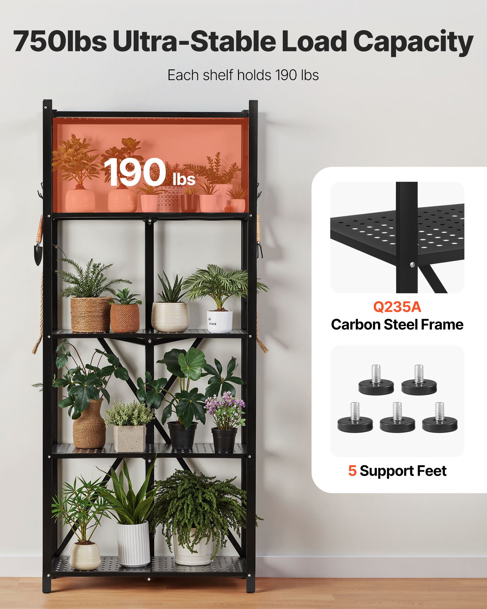 VEVOR 5-Tier Foldable Storage Shelf, 28W x 13D x 66H Inch Folding Metal Rack Shelving Unit, No Assembly Organizer Shelf with 5 Wheels & 4 Hooks for Pantry, Kitchen, Garage, Basement, Black