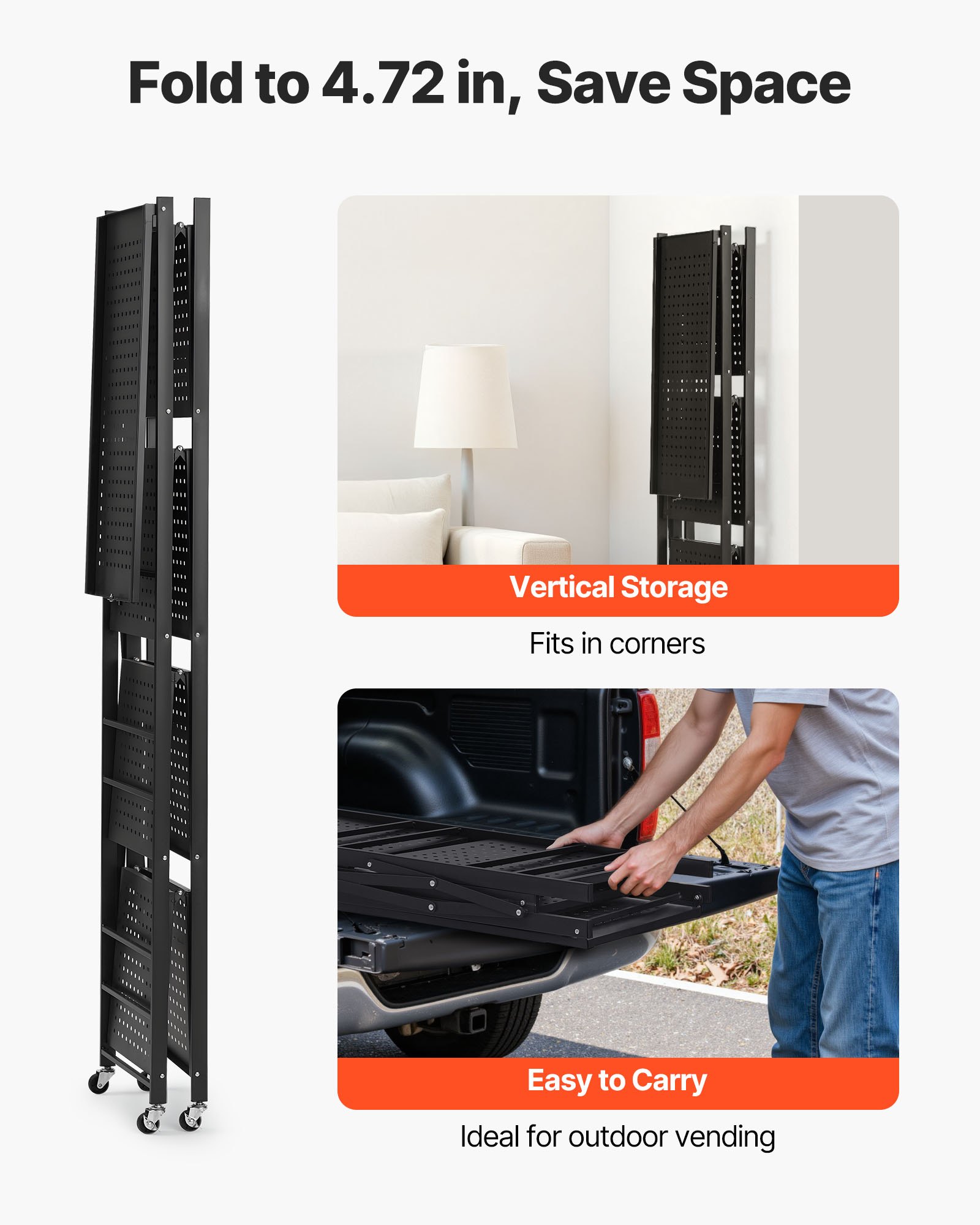 VEVOR 5-Tier Foldable Storage Shelf, 28W x 13D x 66H Inch Folding Metal Rack Shelving Unit, No Assembly Organizer Shelf with 5 Wheels & 4 Hooks for Pantry, Kitchen, Garage, Basement, Black