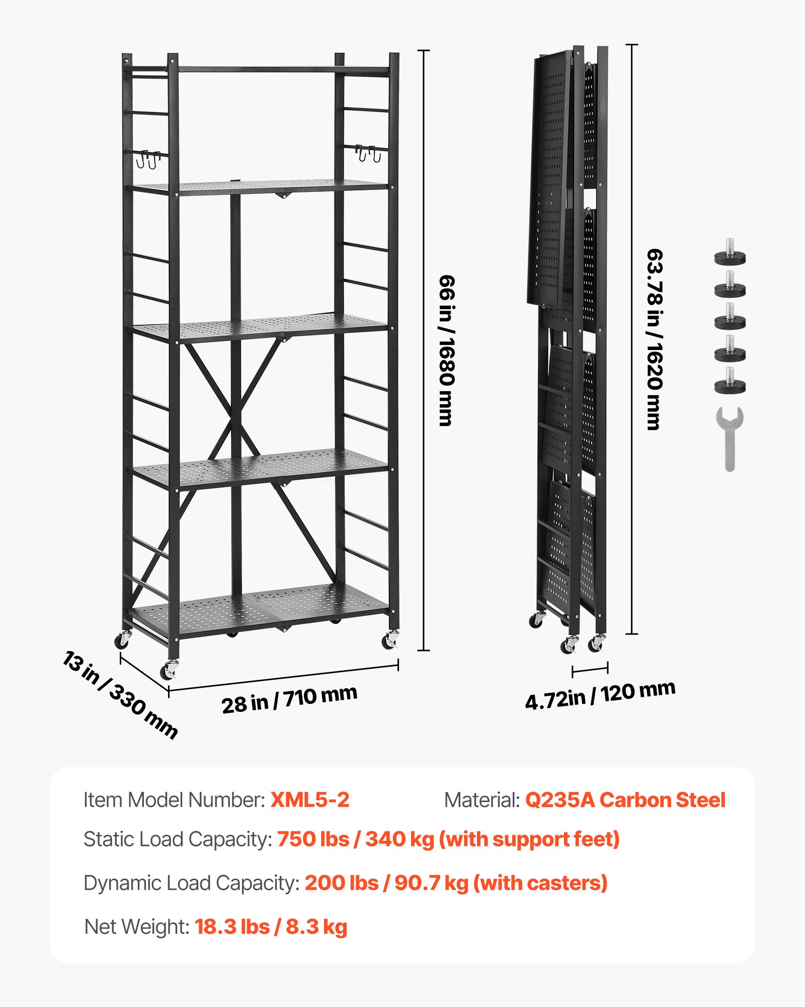 VEVOR 5-Tier Foldable Storage Shelf, 28W x 13D x 66H Inch Folding Metal Rack Shelving Unit, No Assembly Organizer Shelf with 5 Wheels & 4 Hooks for Pantry, Kitchen, Garage, Basement, Black