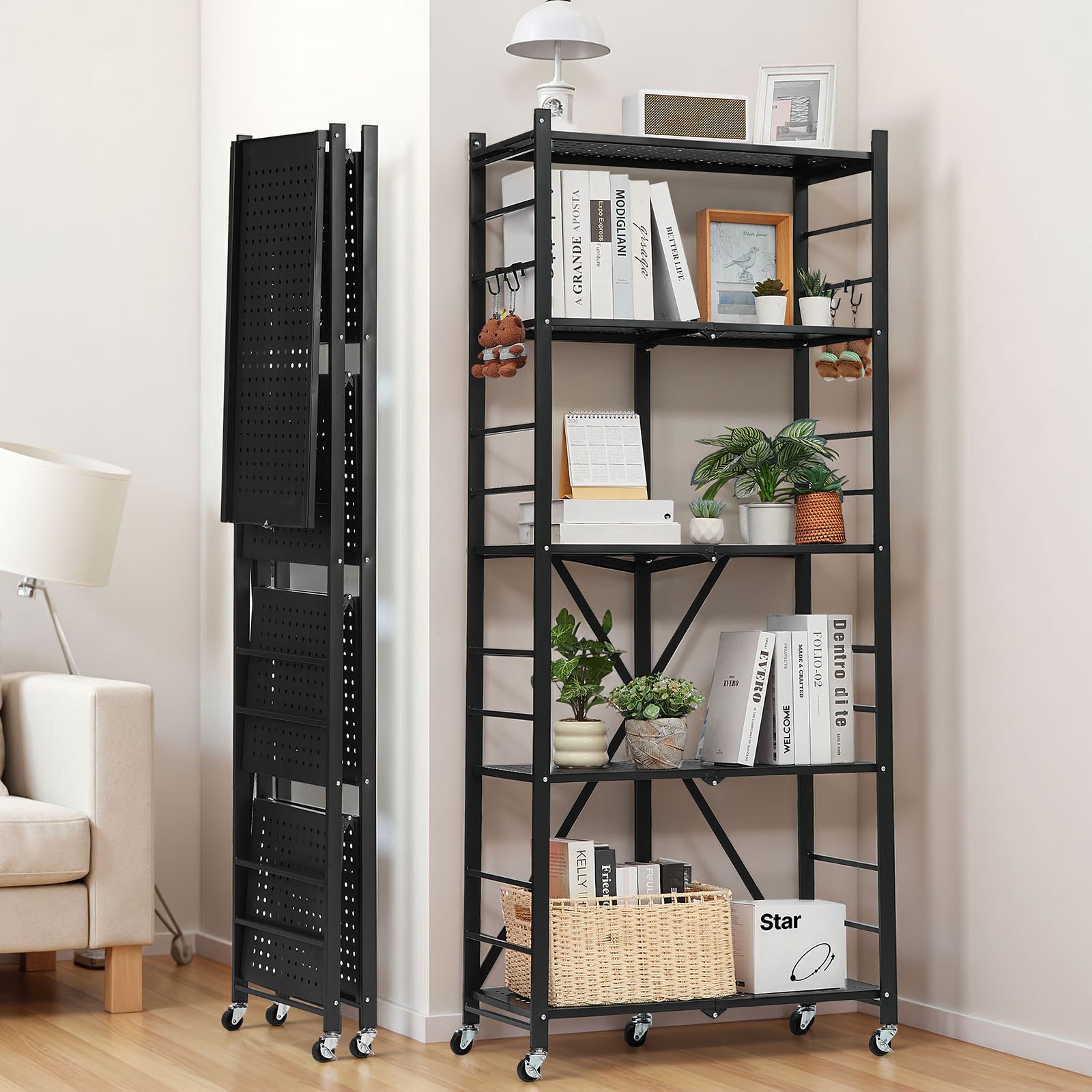 VEVOR 5-Tier Foldable Storage Shelf, 28W x 13D x 66H Inch Folding Metal Rack Shelving Unit, No Assembly Organizer Shelf with 5 Wheels & 4 Hooks for Pantry, Kitchen, Garage, Basement, Black