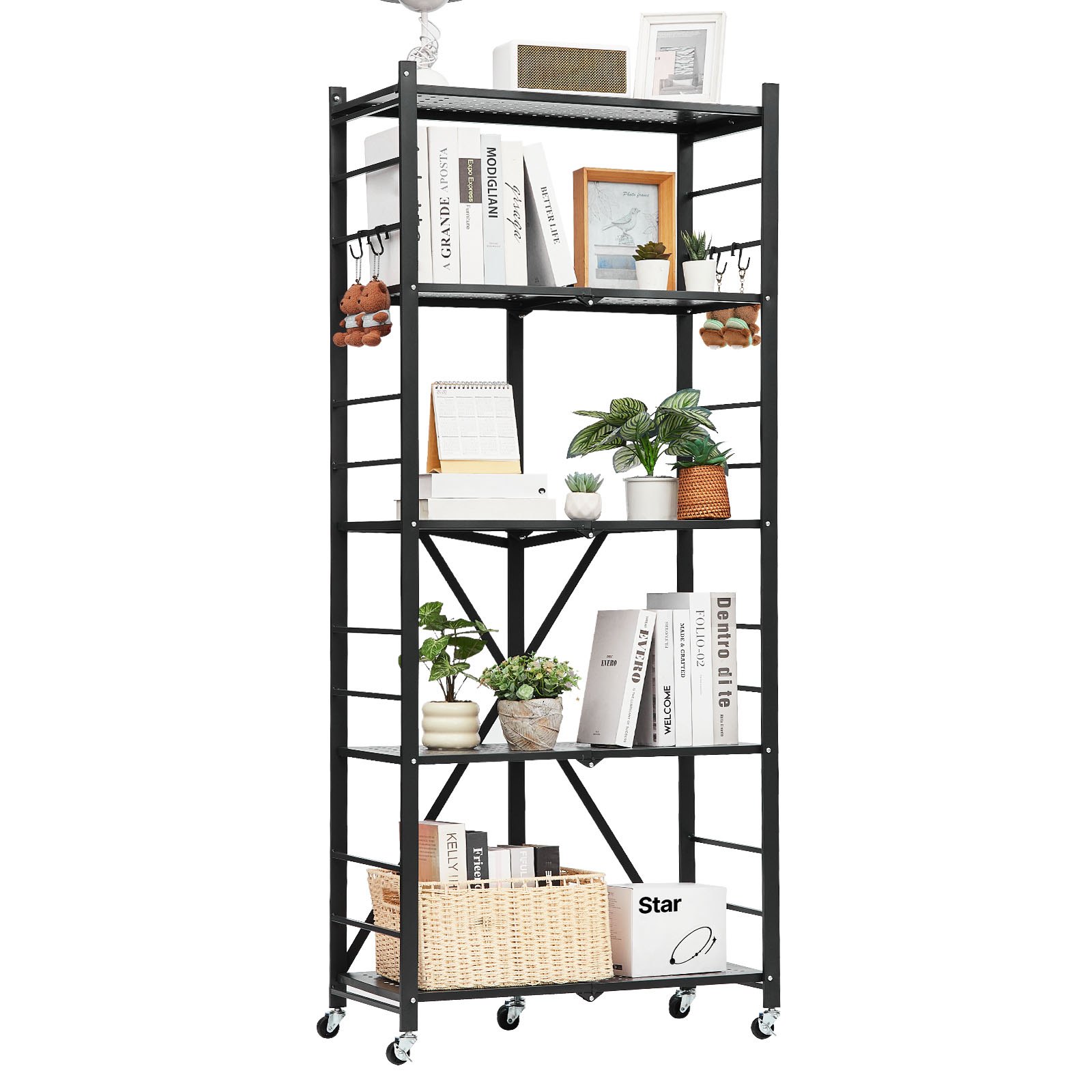 VEVOR 5-Tier Foldable Storage Shelf, 28W x 13D x 66H Inch Folding Metal Rack Shelving Unit, No Assembly Organizer Shelf with 5 Wheels & 4 Hooks for Pantry, Kitchen, Garage, Basement, Black