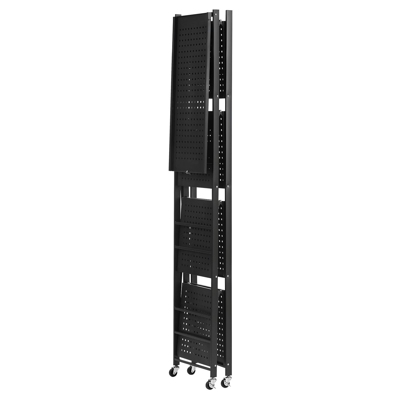 VEVOR 5-Tier Foldable Storage Shelf, 28W x 13D x 66H Inch Folding Metal Rack Shelving Unit, No Assembly Organizer Shelf with 5 Wheels & 4 Hooks for Pantry, Kitchen, Garage, Basement, Black