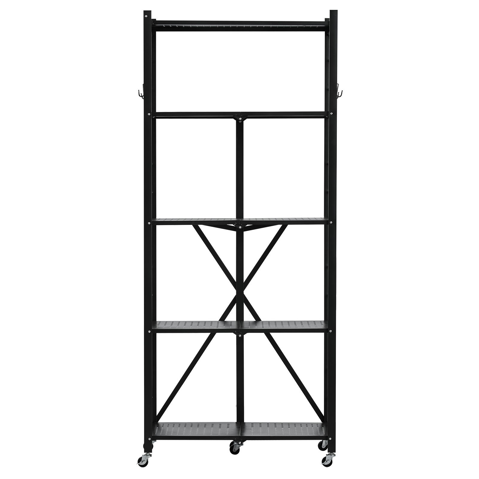 VEVOR 5-Tier Foldable Storage Shelf, 28W x 13D x 66H Inch Folding Metal Rack Shelving Unit, No Assembly Organizer Shelf with 5 Wheels & 4 Hooks for Pantry, Kitchen, Garage, Basement, Black