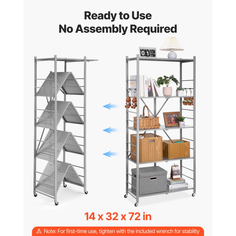 VEVOR 5-Tier Foldable Storage Shelf, 32W x 14D x 72H Inch Folding Metal Rack Shelving Unit, No Assembly Organizer Shelf with 5 Wheels & 4 Hooks for Pantry, Kitchen, Garage, Basement, Grey