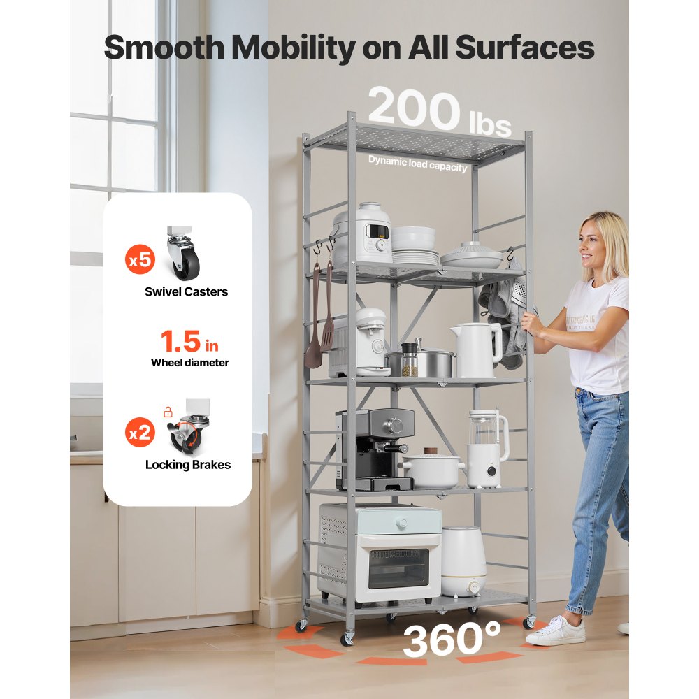 VEVOR 5-Tier Foldable Storage Shelf, 32W x 14D x 72H Inch Folding Metal Rack Shelving Unit, No Assembly Organizer Shelf with 5 Wheels & 4 Hooks for Pantry, Kitchen, Garage, Basement, Grey