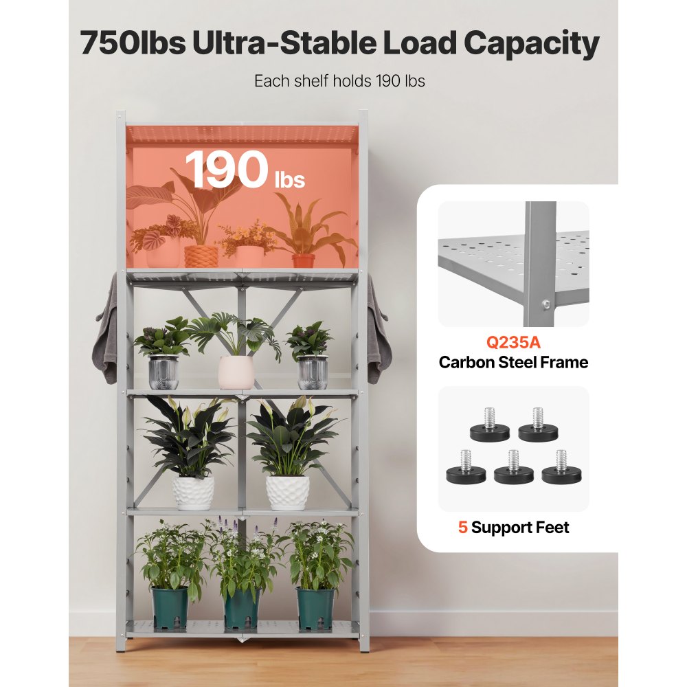 VEVOR 5-Tier Foldable Storage Shelf, 32W x 14D x 72H Inch Folding Metal Rack Shelving Unit, No Assembly Organizer Shelf with 5 Wheels & 4 Hooks for Pantry, Kitchen, Garage, Basement, Grey