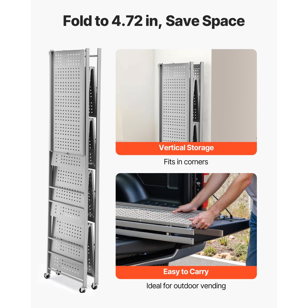 VEVOR 5-Tier Foldable Storage Shelf, 32W x 14D x 72H Inch Folding Metal Rack Shelving Unit, No Assembly Organizer Shelf with 5 Wheels & 4 Hooks for Pantry, Kitchen, Garage, Basement, Grey