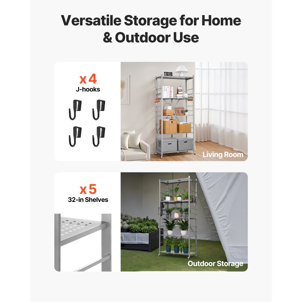 VEVOR 5-Tier Foldable Storage Shelf, 32W x 14D x 72H Inch Folding Metal Rack Shelving Unit, No Assembly Organizer Shelf with 5 Wheels & 4 Hooks for Pantry, Kitchen, Garage, Basement, Grey