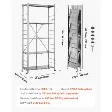 VEVOR Folding Storage Shelf with Wheels 5-Tier No Assembly Organizer Shelf Grey