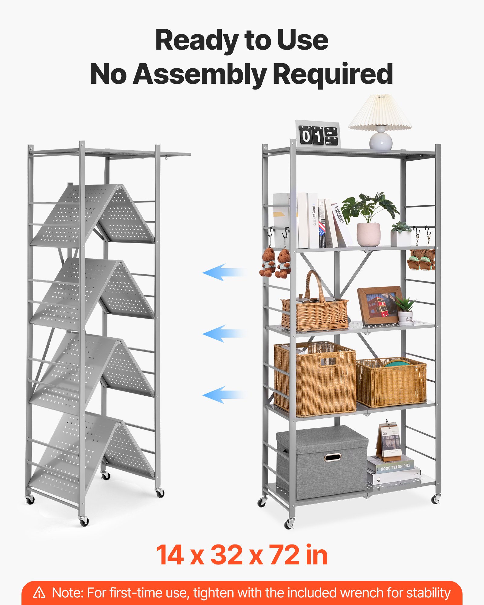 VEVOR 5-Tier Foldable Storage Shelf, 32W x 14D x 72H Inch Folding Metal Rack Shelving Unit, No Assembly Organizer Shelf with 5 Wheels & 4 Hooks for Pantry, Kitchen, Garage, Basement, Grey