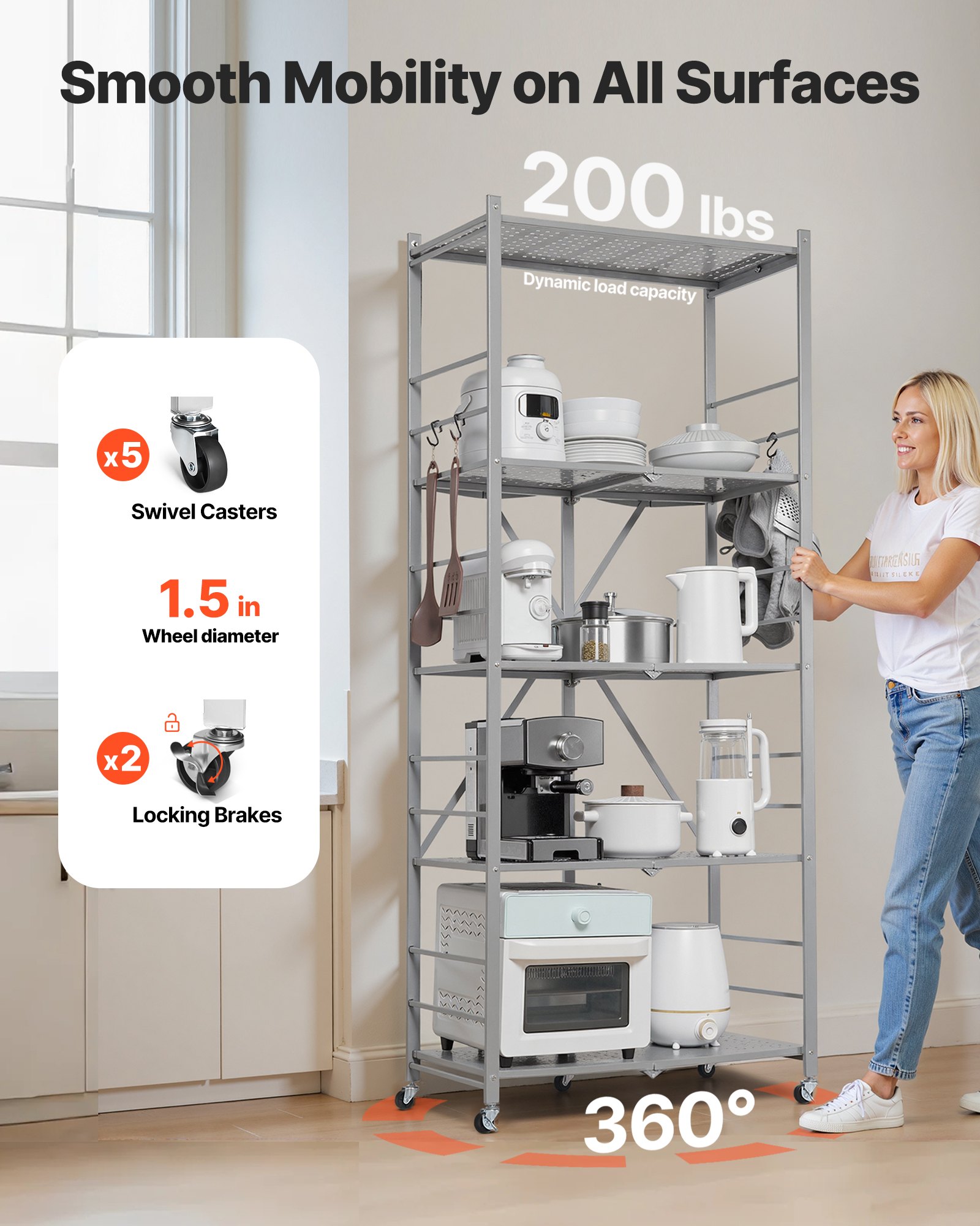 VEVOR 5-Tier Foldable Storage Shelf, 32W x 14D x 72H Inch Folding Metal Rack Shelving Unit, No Assembly Organizer Shelf with 5 Wheels & 4 Hooks for Pantry, Kitchen, Garage, Basement, Grey