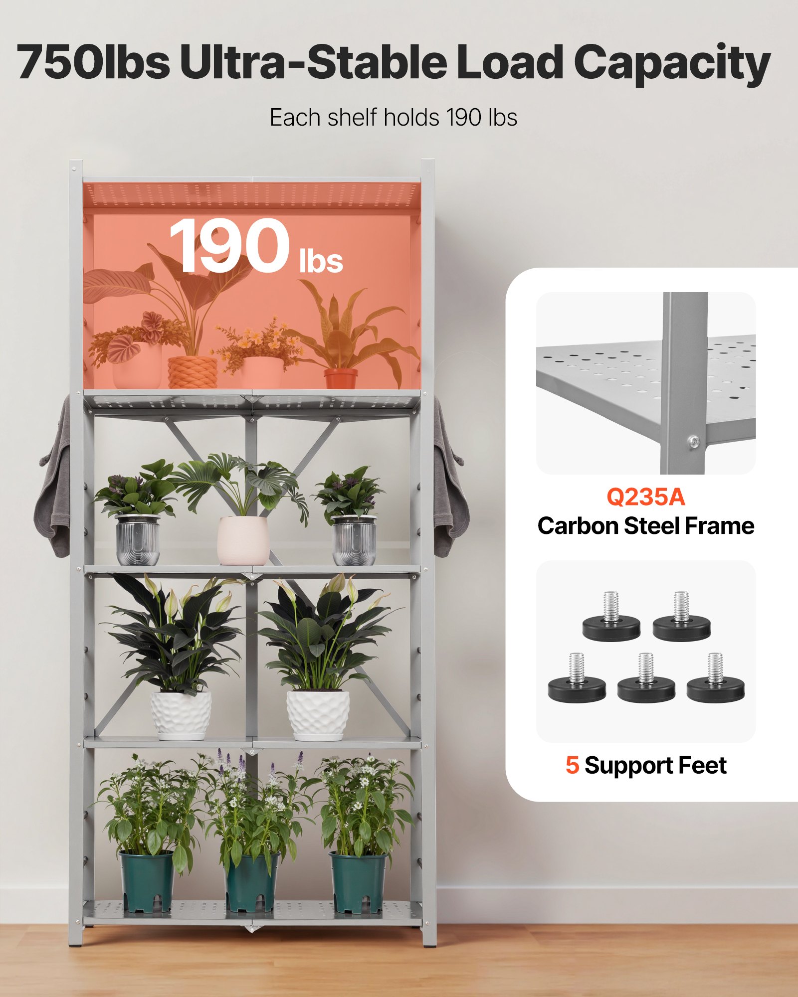 VEVOR 5-Tier Foldable Storage Shelf, 32W x 14D x 72H Inch Folding Metal Rack Shelving Unit, No Assembly Organizer Shelf with 5 Wheels & 4 Hooks for Pantry, Kitchen, Garage, Basement, Grey