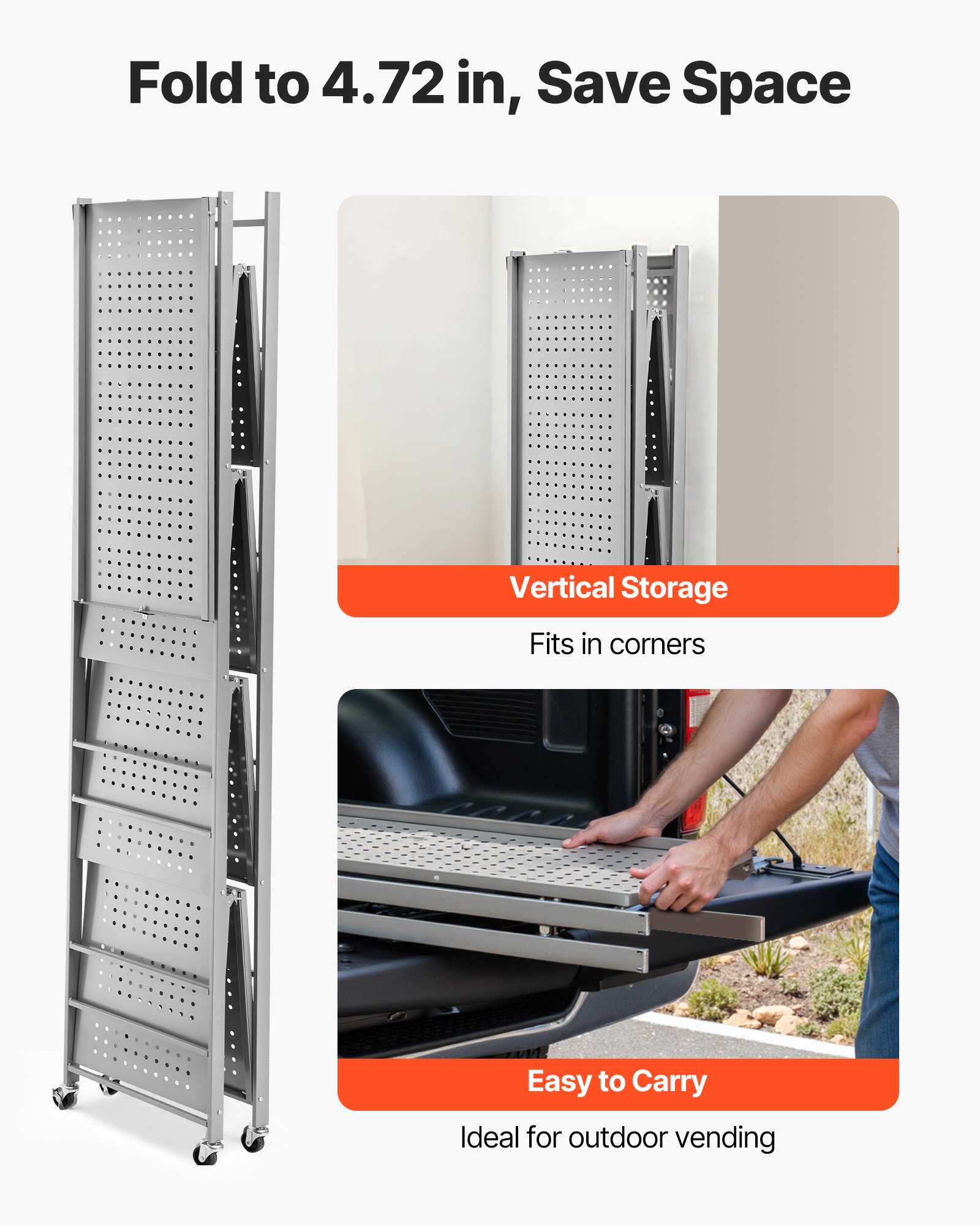 VEVOR 5-Tier Foldable Storage Shelf, 32W x 14D x 72H Inch Folding Metal Rack Shelving Unit, No Assembly Organizer Shelf with 5 Wheels & 4 Hooks for Pantry, Kitchen, Garage, Basement, Grey