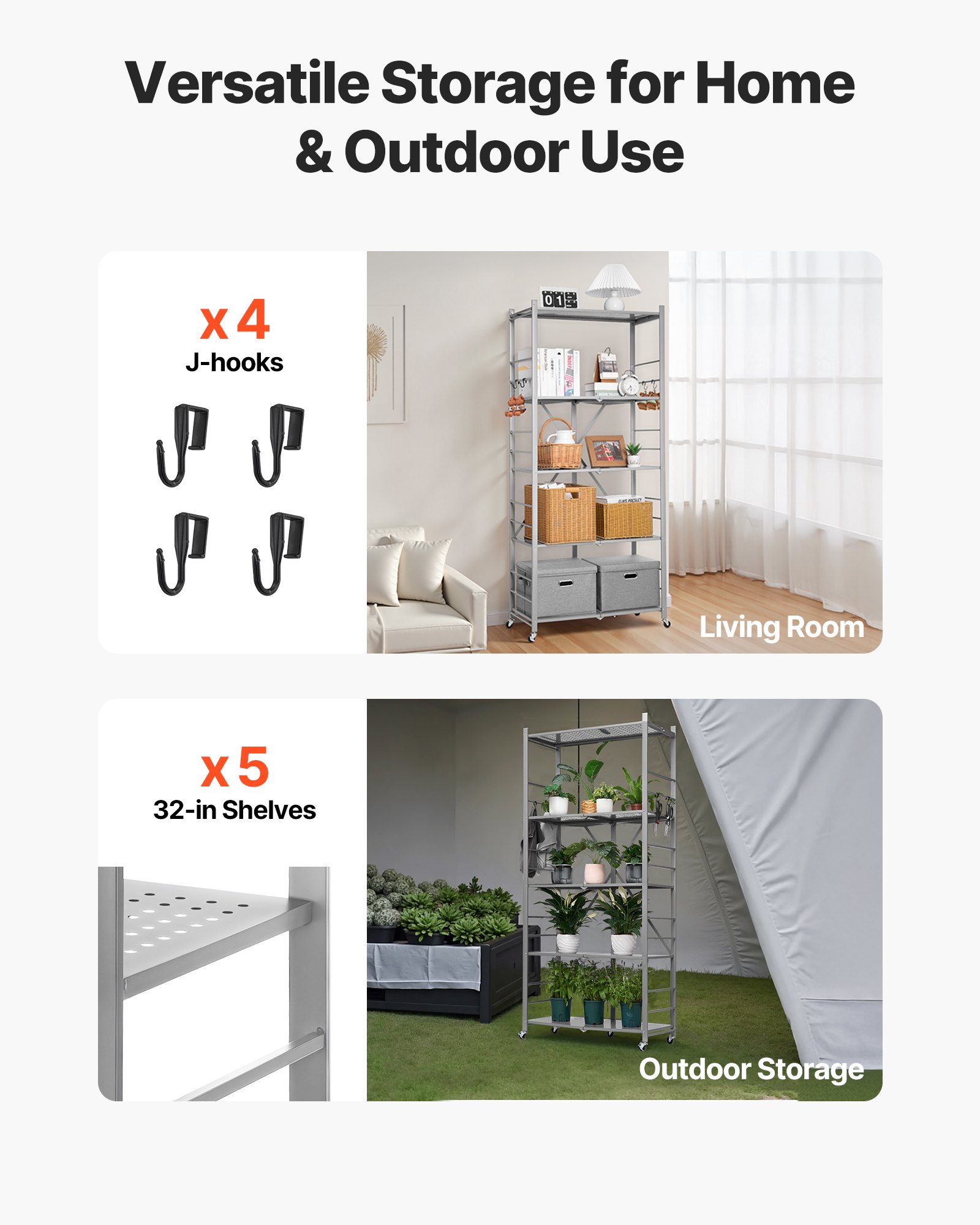 VEVOR 5-Tier Foldable Storage Shelf, 32W x 14D x 72H Inch Folding Metal Rack Shelving Unit, No Assembly Organizer Shelf with 5 Wheels & 4 Hooks for Pantry, Kitchen, Garage, Basement, Grey