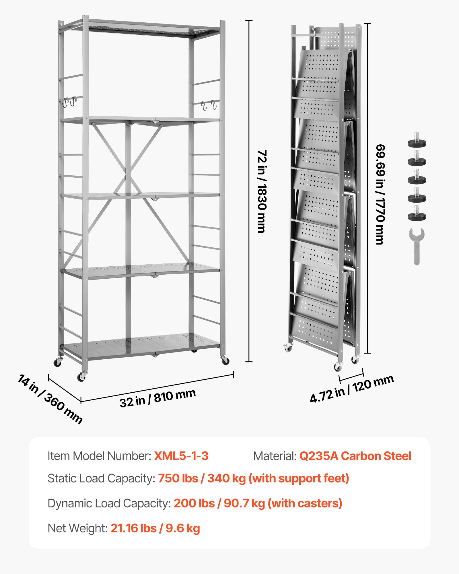 VEVOR 5-Tier Foldable Storage Shelf, 32W x 14D x 72H Inch Folding Metal Rack Shelving Unit, No Assembly Organizer Shelf with 5 Wheels & 4 Hooks for Pantry, Kitchen, Garage, Basement, Grey