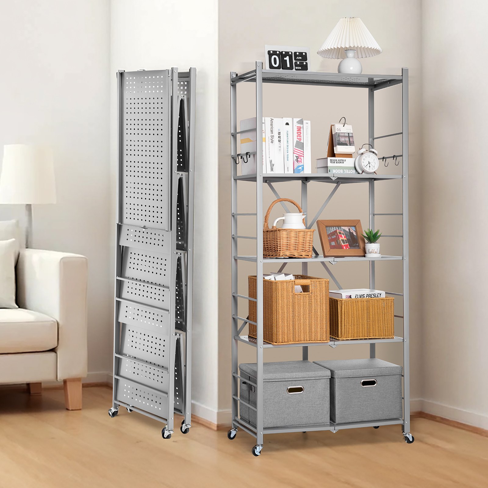VEVOR 5-Tier Foldable Storage Shelf, 32W x 14D x 72H Inch Folding Metal Rack Shelving Unit, No Assembly Organizer Shelf with 5 Wheels & 4 Hooks for Pantry, Kitchen, Garage, Basement, Grey