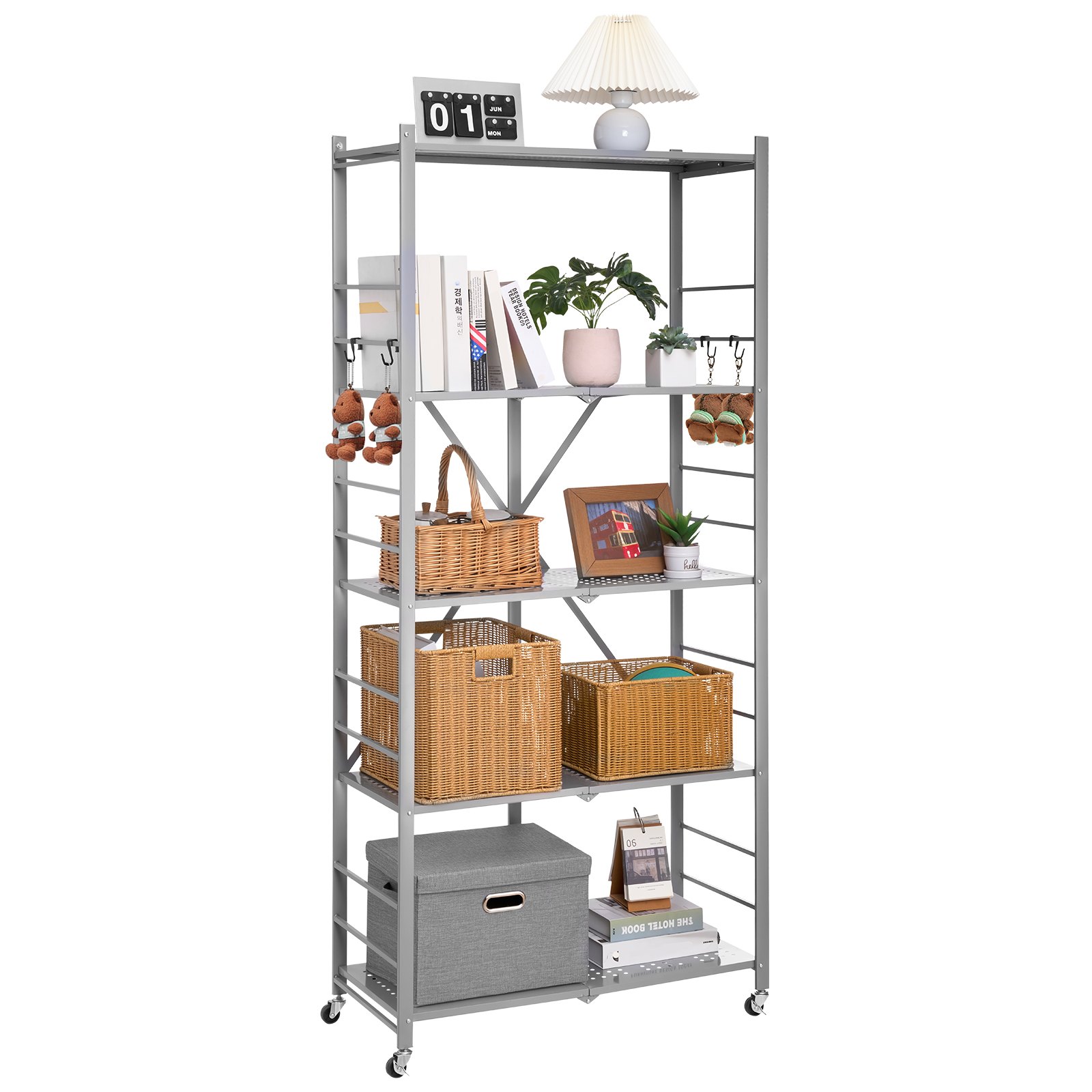VEVOR 5-Tier Foldable Storage Shelf, 32W x 14D x 72H Inch Folding Metal Rack Shelving Unit, No Assembly Organizer Shelf with 5 Wheels & 4 Hooks for Pantry, Kitchen, Garage, Basement, Grey