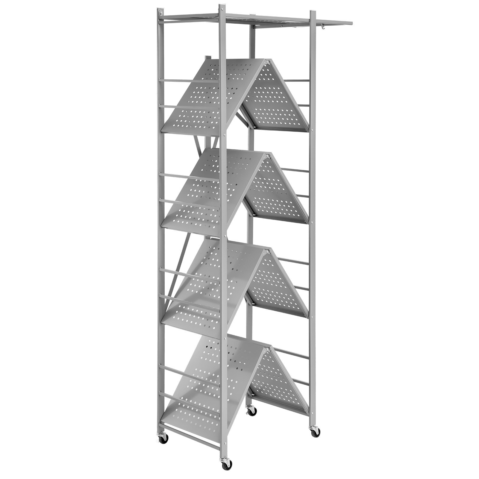 VEVOR 5-Tier Foldable Storage Shelf, 32W x 14D x 72H Inch Folding Metal Rack Shelving Unit, No Assembly Organizer Shelf with 5 Wheels & 4 Hooks for Pantry, Kitchen, Garage, Basement, Grey