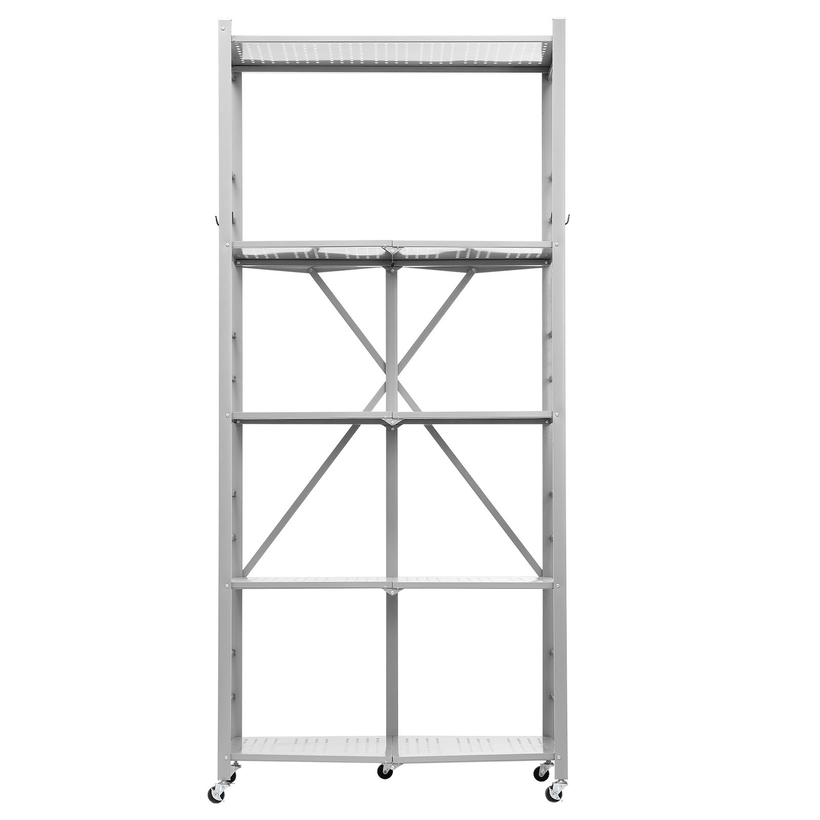 VEVOR 5-Tier Foldable Storage Shelf, 32W x 14D x 72H Inch Folding Metal Rack Shelving Unit, No Assembly Organizer Shelf with 5 Wheels & 4 Hooks for Pantry, Kitchen, Garage, Basement, Grey