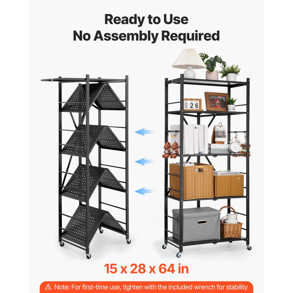 VEVOR 5-Tier Foldable Storage Shelf, 28W x 15D x 64H Inch Folding Metal Rack Shelving Unit, No Assembly Organizer Shelf with 5 Wheels & 4 Hooks for Pantry, Kitchen, Garage, Basement, Black