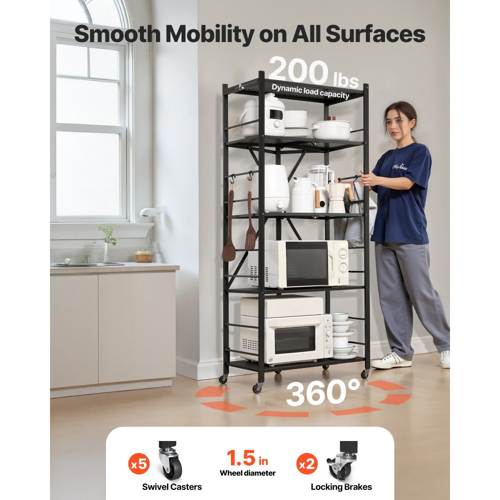VEVOR 5-Tier Foldable Storage Shelf, 28W x 15D x 64H Inch Folding Metal Rack Shelving Unit, No Assembly Organizer Shelf with 5 Wheels & 4 Hooks for Pantry, Kitchen, Garage, Basement, Black