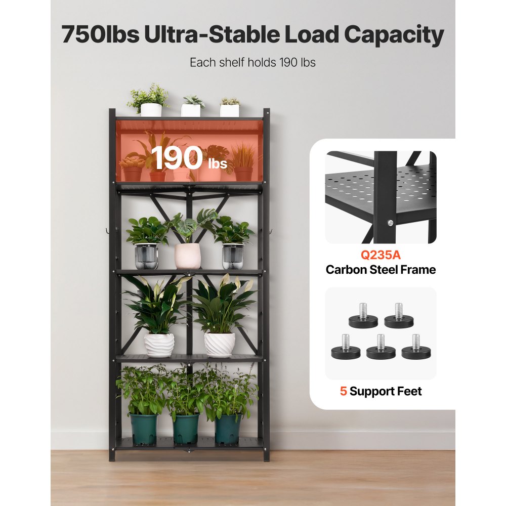 VEVOR 5-Tier Foldable Storage Shelf, 28W x 15D x 64H Inch Folding Metal Rack Shelving Unit, No Assembly Organizer Shelf with 5 Wheels & 4 Hooks for Pantry, Kitchen, Garage, Basement, Black