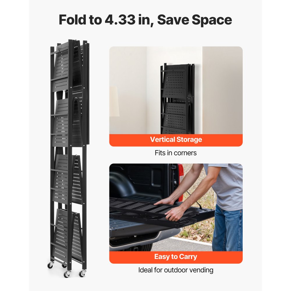 VEVOR 5-Tier Foldable Storage Shelf, 28W x 15D x 64H Inch Folding Metal Rack Shelving Unit, No Assembly Organizer Shelf with 5 Wheels & 4 Hooks for Pantry, Kitchen, Garage, Basement, Black