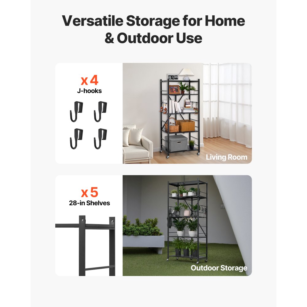 VEVOR 5-Tier Foldable Storage Shelf, 28W x 15D x 64H Inch Folding Metal Rack Shelving Unit, No Assembly Organizer Shelf with 5 Wheels & 4 Hooks for Pantry, Kitchen, Garage, Basement, Black
