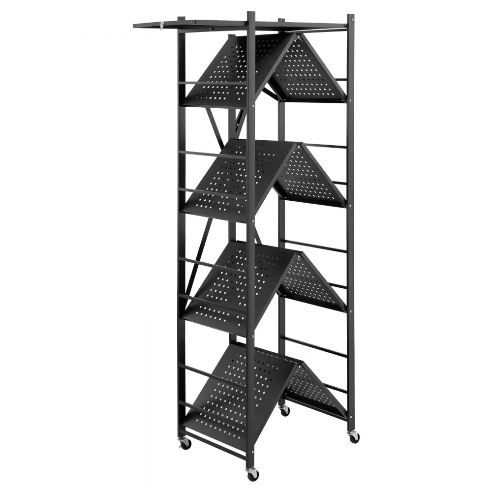 VEVOR 5-Tier Foldable Storage Shelf, 28W x 15D x 64H Inch Folding Metal Rack Shelving Unit, No Assembly Organizer Shelf with 5 Wheels & 4 Hooks for Pantry, Kitchen, Garage, Basement, Black