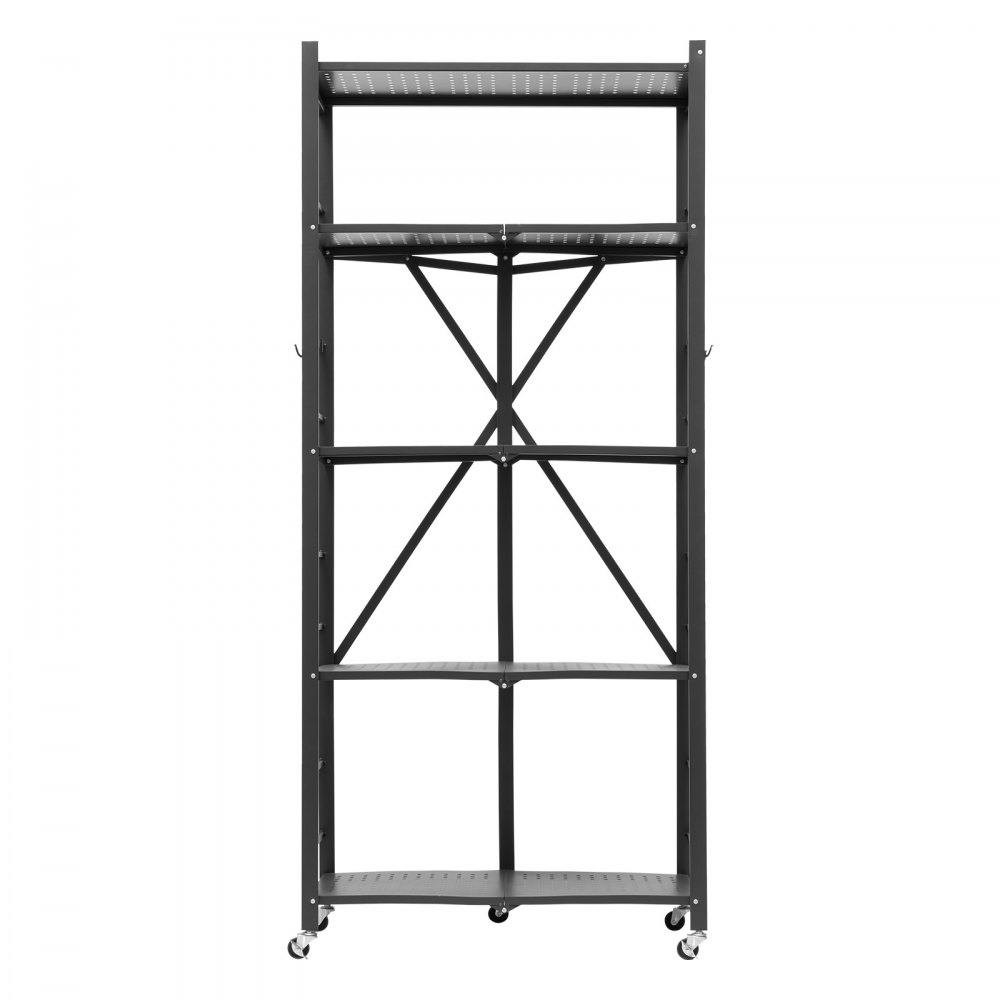 VEVOR 5-Tier Foldable Storage Shelf, 28W x 15D x 64H Inch Folding Metal Rack Shelving Unit, No Assembly Organizer Shelf with 5 Wheels & 4 Hooks for Pantry, Kitchen, Garage, Basement, Black