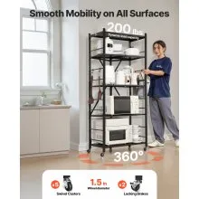 VEVOR Folding Storage Shelf with Wheels 5-Tier Metal Shelving Unit Black