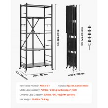 VEVOR Folding Storage Shelf with Wheels 5-Tier Metal Shelving Unit Black
