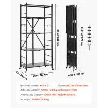 VEVOR Folding Storage Shelf with Wheels 5-Tier Metal Shelving Unit Black