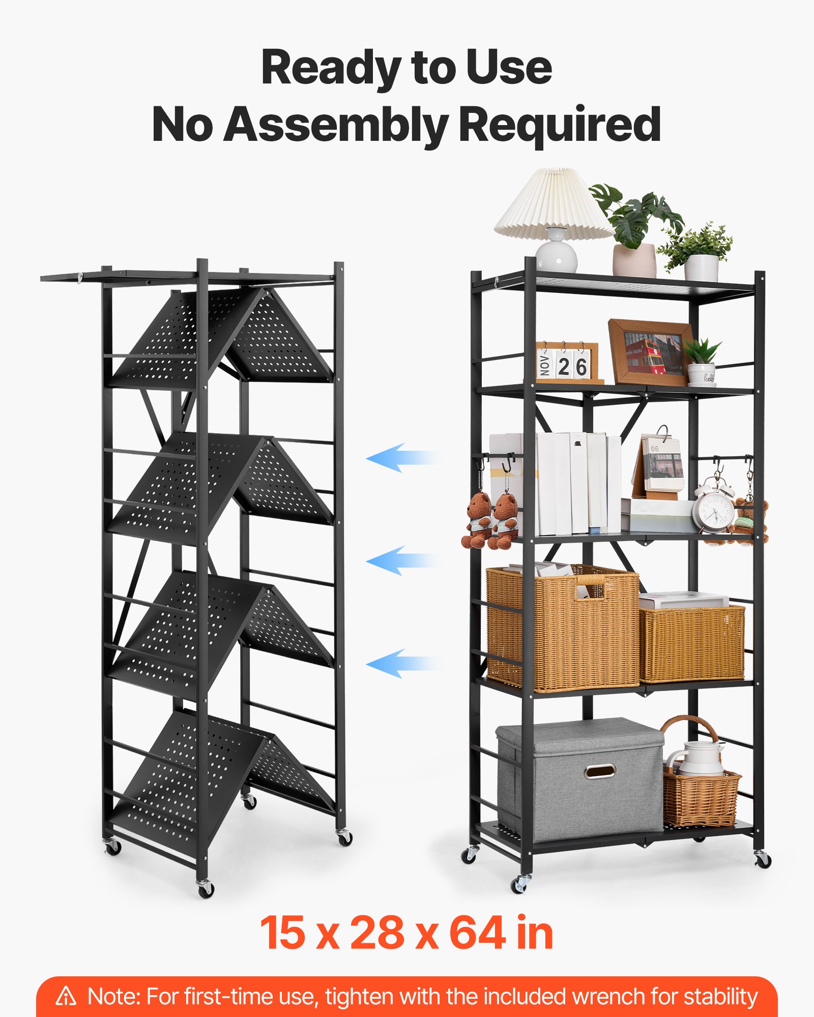 VEVOR 5-Tier Foldable Storage Shelf, 28W x 15D x 64H Inch Folding Metal Rack Shelving Unit, No Assembly Organizer Shelf with 5 Wheels & 4 Hooks for Pantry, Kitchen, Garage, Basement, Black