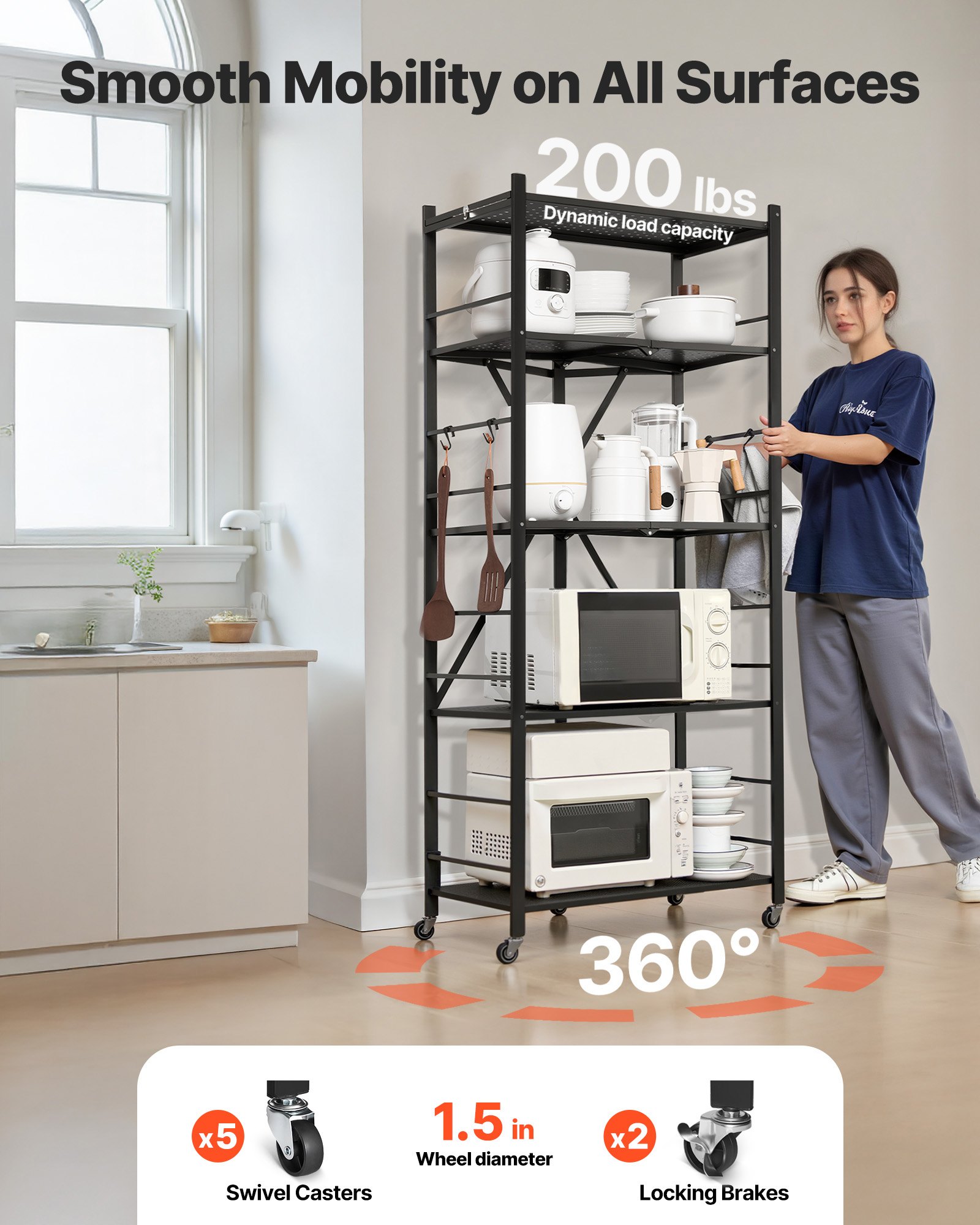 VEVOR 5-Tier Foldable Storage Shelf, 28W x 15D x 64H Inch Folding Metal Rack Shelving Unit, No Assembly Organizer Shelf with 5 Wheels & 4 Hooks for Pantry, Kitchen, Garage, Basement, Black
