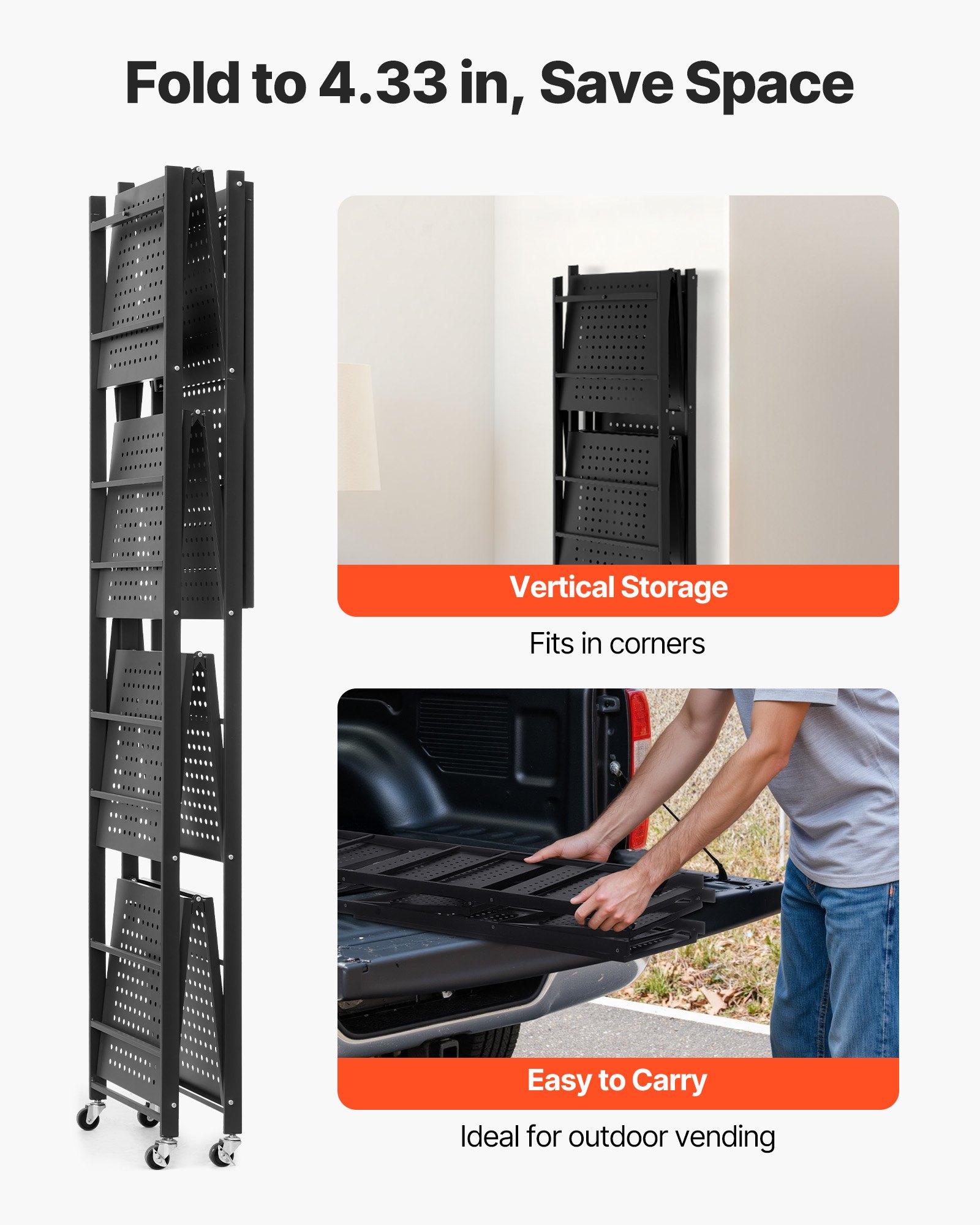 VEVOR 5-Tier Foldable Storage Shelf, 28W x 15D x 64H Inch Folding Metal Rack Shelving Unit, No Assembly Organizer Shelf with 5 Wheels & 4 Hooks for Pantry, Kitchen, Garage, Basement, Black