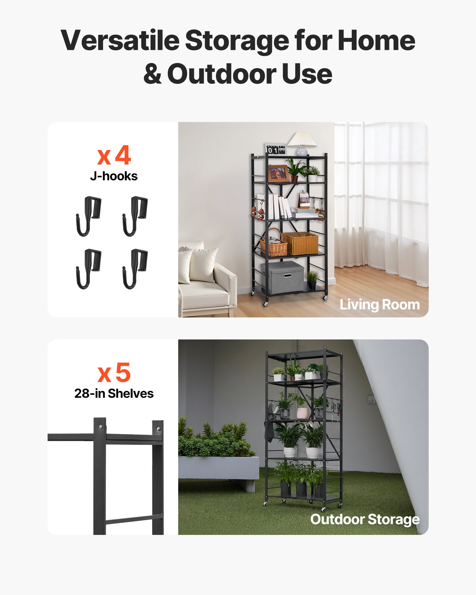 VEVOR 5-Tier Foldable Storage Shelf, 28W x 15D x 64H Inch Folding Metal Rack Shelving Unit, No Assembly Organizer Shelf with 5 Wheels & 4 Hooks for Pantry, Kitchen, Garage, Basement, Black