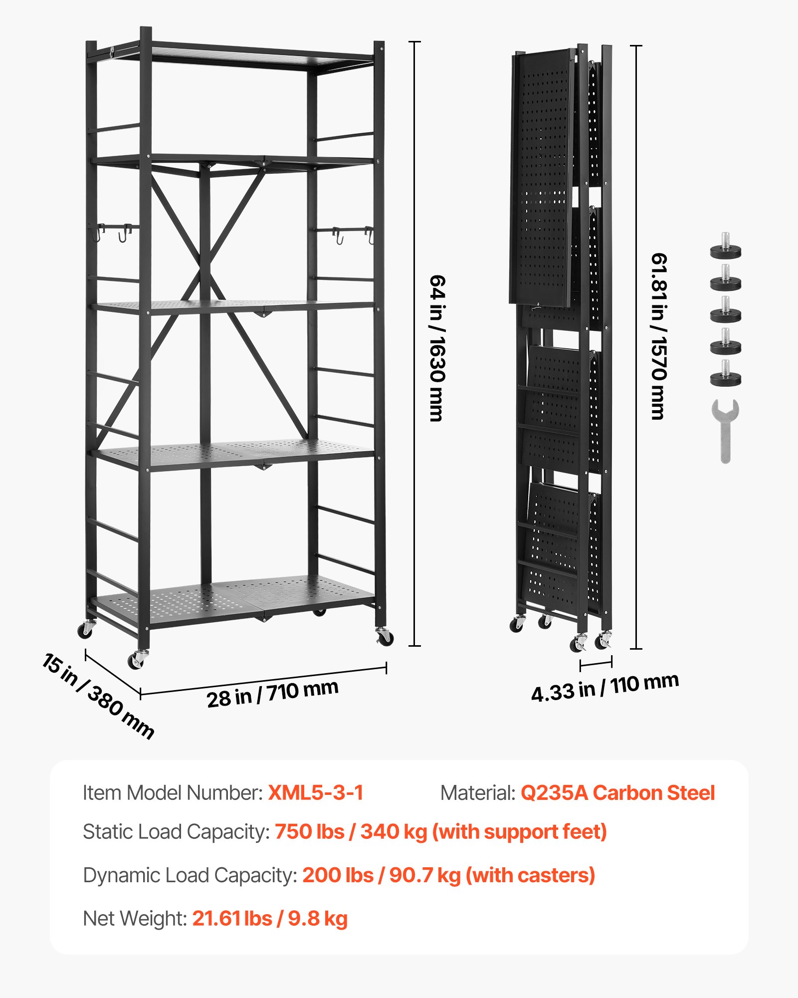 VEVOR 5-Tier Foldable Storage Shelf, 28W x 15D x 64H Inch Folding Metal Rack Shelving Unit, No Assembly Organizer Shelf with 5 Wheels & 4 Hooks for Pantry, Kitchen, Garage, Basement, Black