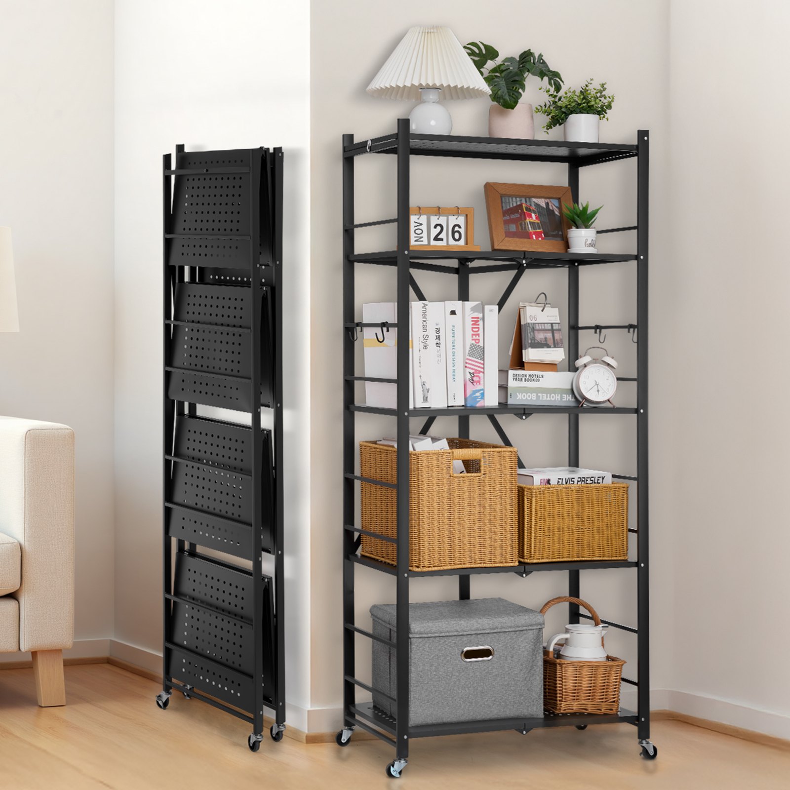 VEVOR 5-Tier Foldable Storage Shelf, 28W x 15D x 64H Inch Folding Metal Rack Shelving Unit, No Assembly Organizer Shelf with 5 Wheels & 4 Hooks for Pantry, Kitchen, Garage, Basement, Black