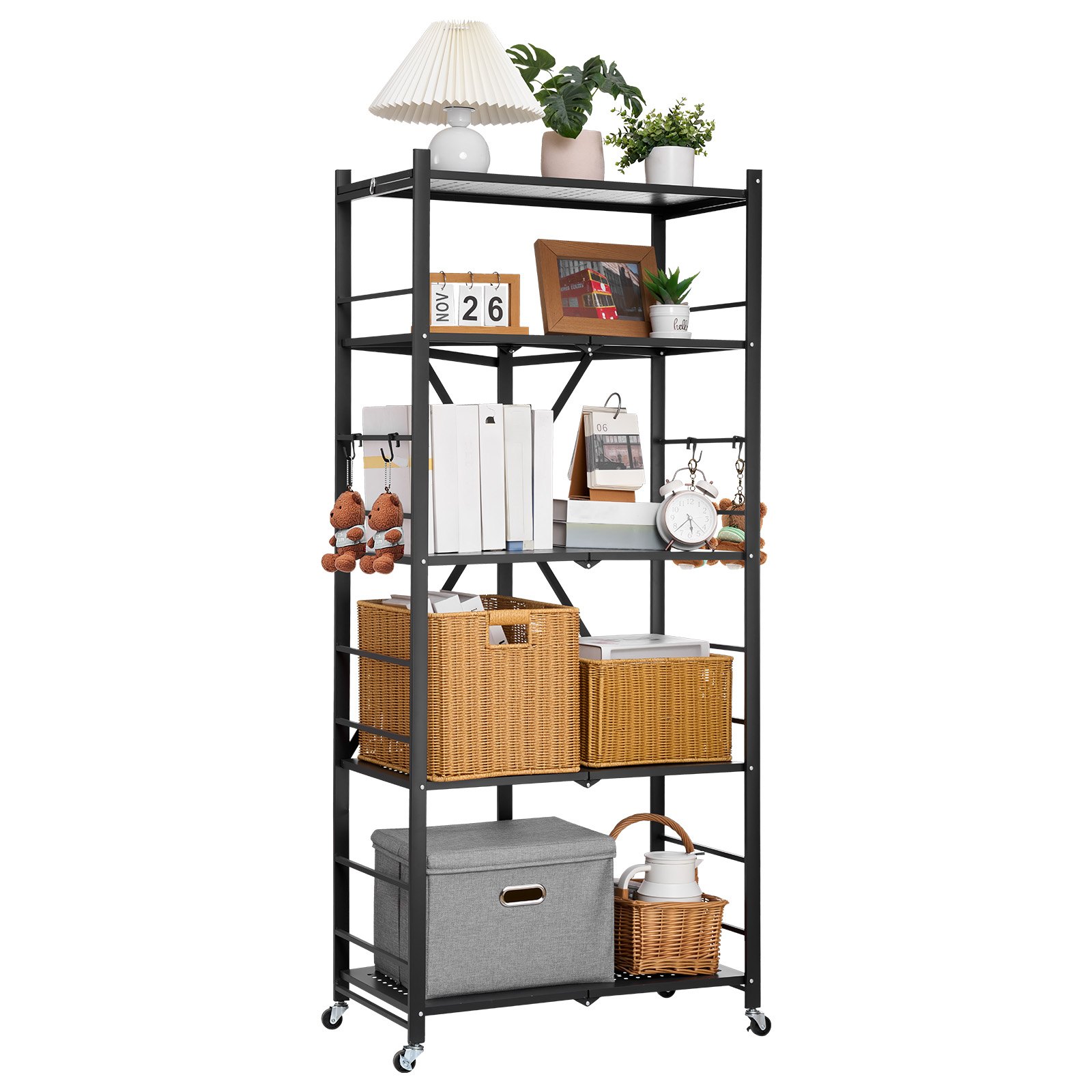 VEVOR 5-Tier Foldable Storage Shelf, 28W x 15D x 64H Inch Folding Metal Rack Shelving Unit, No Assembly Organizer Shelf with 5 Wheels & 4 Hooks for Pantry, Kitchen, Garage, Basement, Black