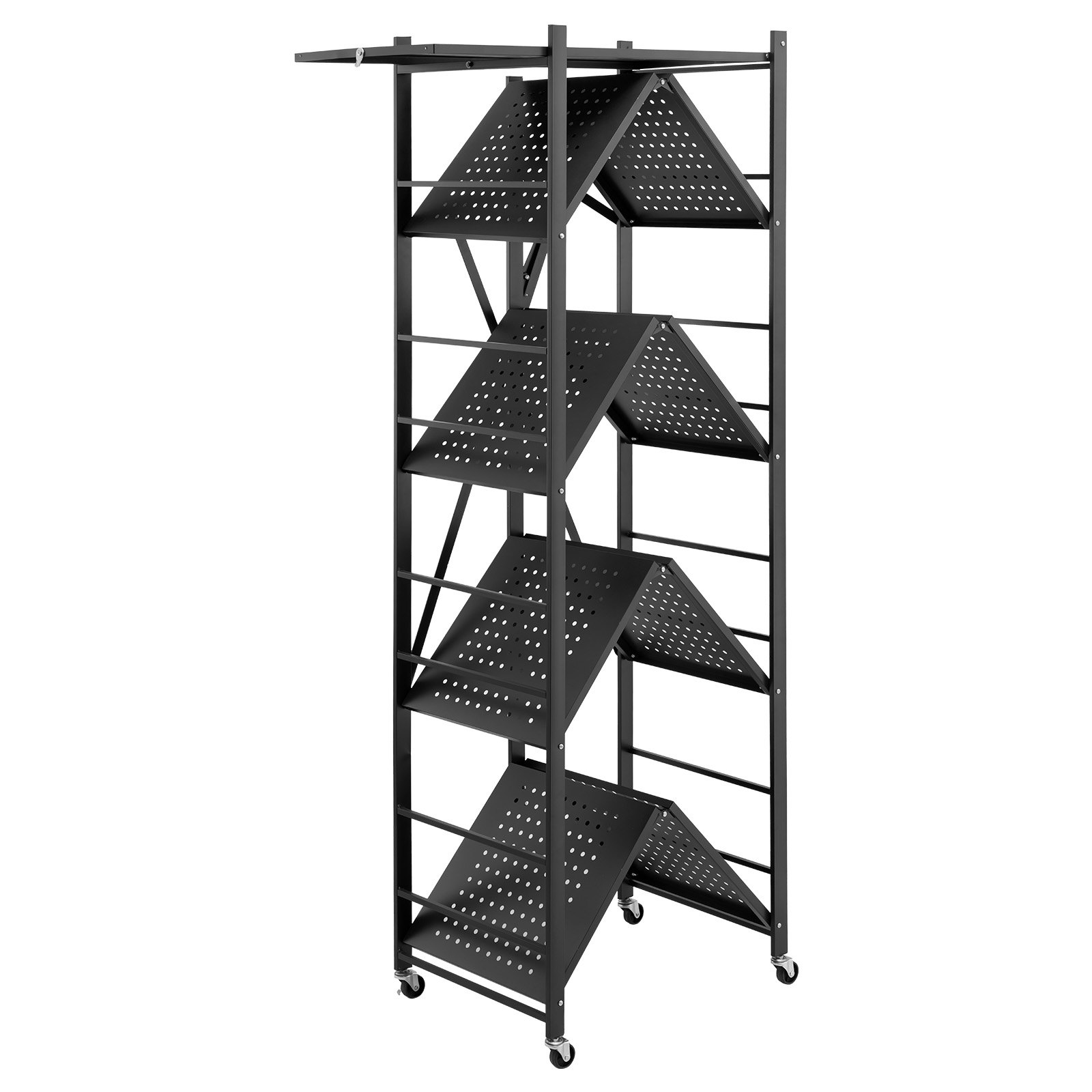 VEVOR 5-Tier Foldable Storage Shelf, 28W x 15D x 64H Inch Folding Metal Rack Shelving Unit, No Assembly Organizer Shelf with 5 Wheels & 4 Hooks for Pantry, Kitchen, Garage, Basement, Black