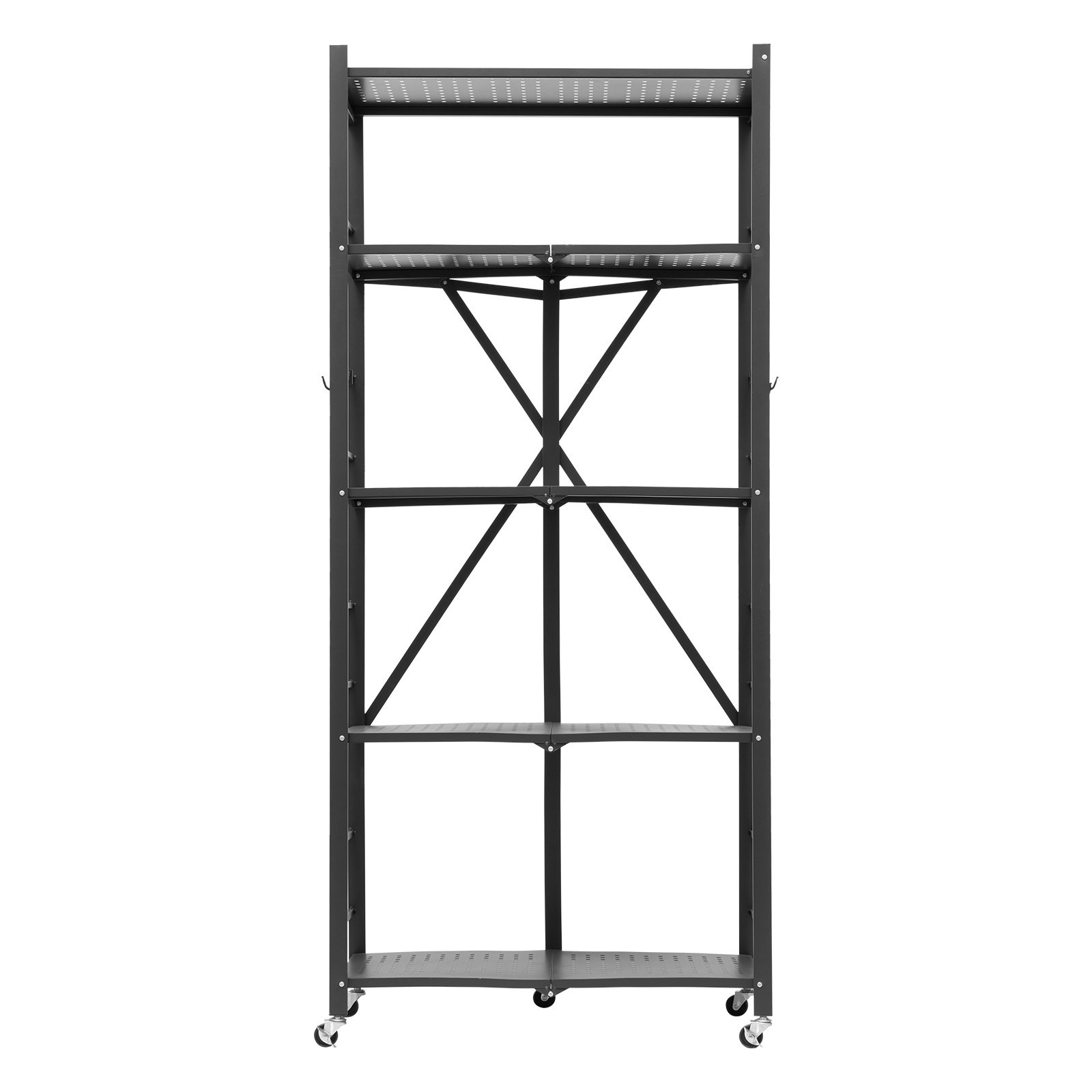 VEVOR 5-Tier Foldable Storage Shelf, 28W x 15D x 64H Inch Folding Metal Rack Shelving Unit, No Assembly Organizer Shelf with 5 Wheels & 4 Hooks for Pantry, Kitchen, Garage, Basement, Black