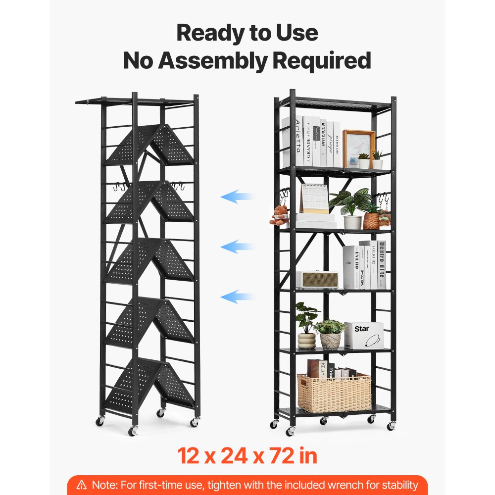 VEVOR 6-Tier Foldable Storage Shelf, 24W x 12D x 72H Inch Folding Metal Rack Shelving Unit, No Assembly Organizer Shelf with 5 Wheels & 4 Hooks for Pantry, Kitchen, Garage, Basement, Black