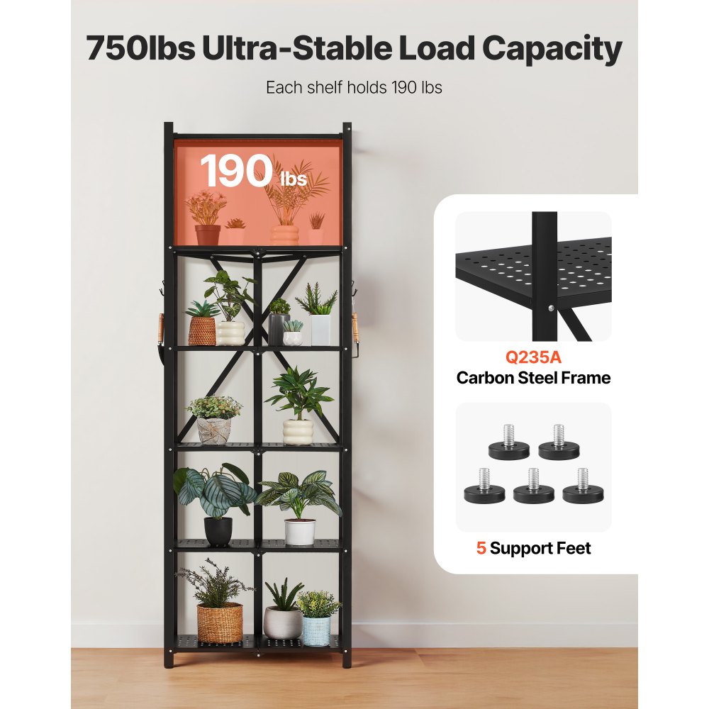 VEVOR 6-Tier Foldable Storage Shelf, 24W x 12D x 72H Inch Folding Metal Rack Shelving Unit, No Assembly Organizer Shelf with 5 Wheels & 4 Hooks for Pantry, Kitchen, Garage, Basement, Black