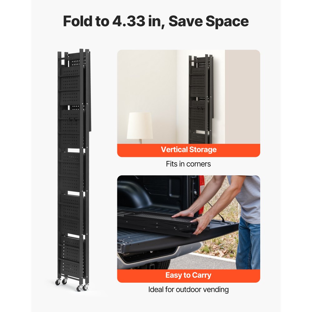 VEVOR 6-Tier Foldable Storage Shelf, 24W x 12D x 72H Inch Folding Metal Rack Shelving Unit, No Assembly Organizer Shelf with 5 Wheels & 4 Hooks for Pantry, Kitchen, Garage, Basement, Black