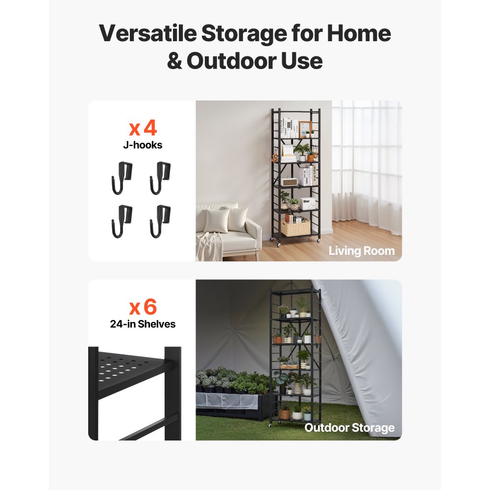 VEVOR 6-Tier Foldable Storage Shelf, 24W x 12D x 72H Inch Folding Metal Rack Shelving Unit, No Assembly Organizer Shelf with 5 Wheels & 4 Hooks for Pantry, Kitchen, Garage, Basement, Black