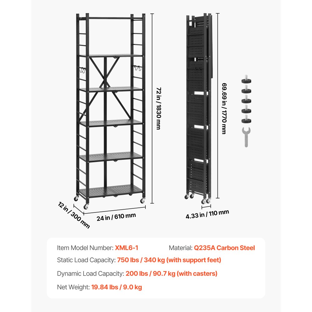 VEVOR 6-Tier Foldable Storage Shelf, 24W x 12D x 72H Inch Folding Metal Rack Shelving Unit, No Assembly Organizer Shelf with 5 Wheels & 4 Hooks for Pantry, Kitchen, Garage, Basement, Black