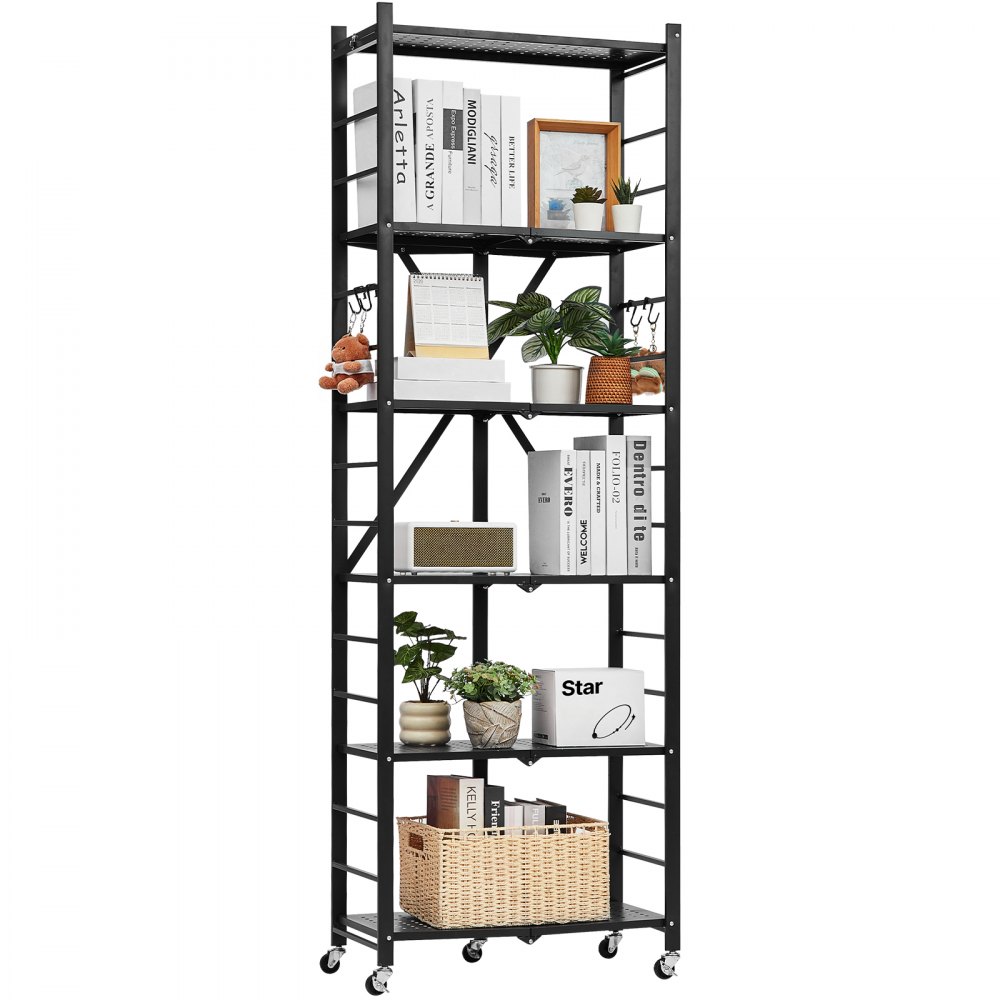 VEVOR 6-Tier Foldable Storage Shelf, 24W x 12D x 72H Inch Folding Metal Rack Shelving Unit, No Assembly Organizer Shelf with 5 Wheels & 4 Hooks for Pantry, Kitchen, Garage, Basement, Black
