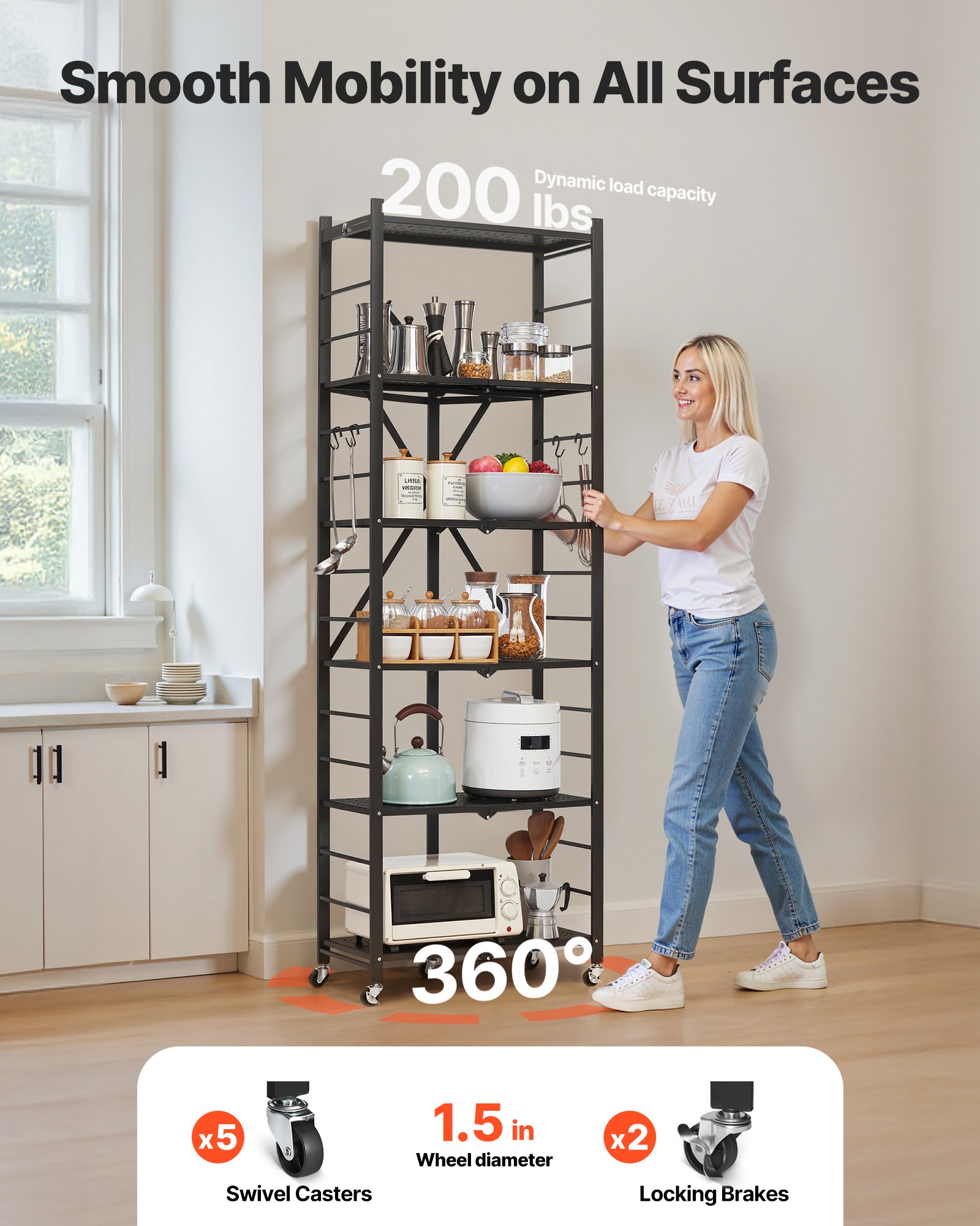 VEVOR 6-Tier Foldable Storage Shelf, 24W x 12D x 72H Inch Folding Metal Rack Shelving Unit, No Assembly Organizer Shelf with 5 Wheels & 4 Hooks for Pantry, Kitchen, Garage, Basement, Black